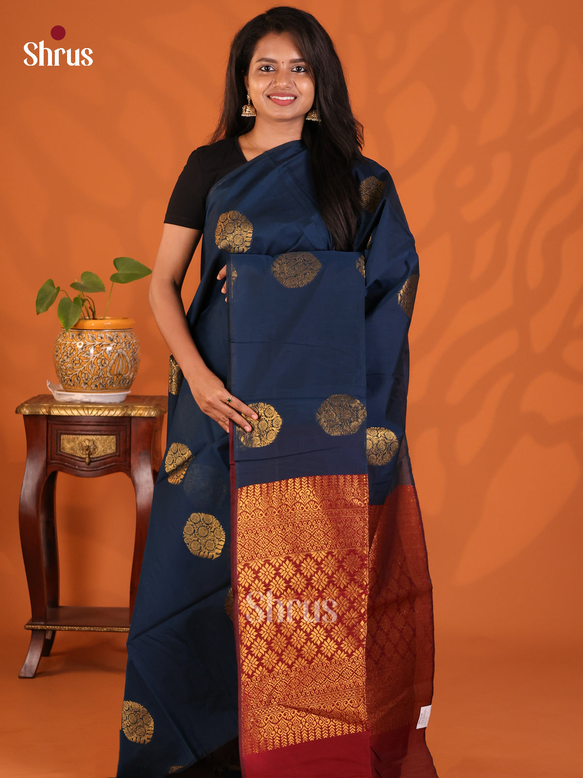 Blue with Maroon - Semi Silkcotton Saree - Shop on Shrus.com