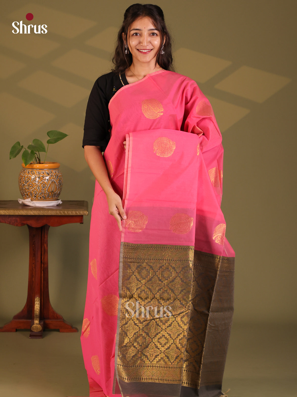 Pink with Black - Semi Silkcotton Saree - Shop on Shrus.com