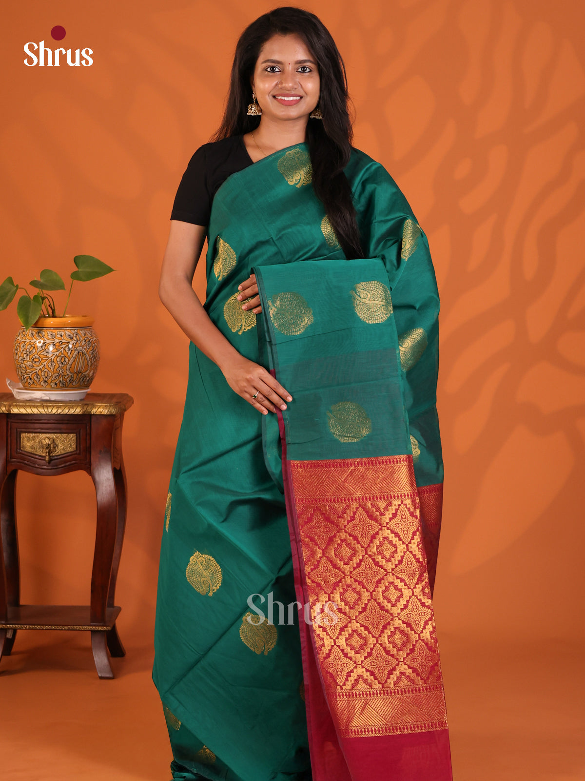 Green with Maroon- Semi Silkcotton Saree - Shop on Shrus.com