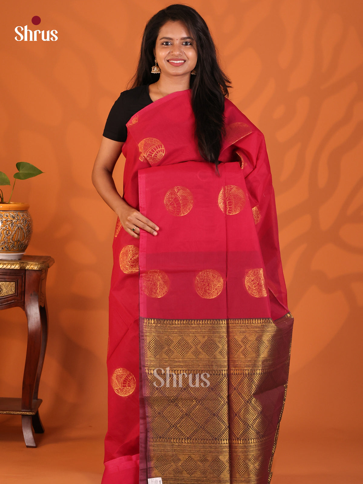 Red with Purple - Semi Silkcotton Saree - Shop on Shrus.com