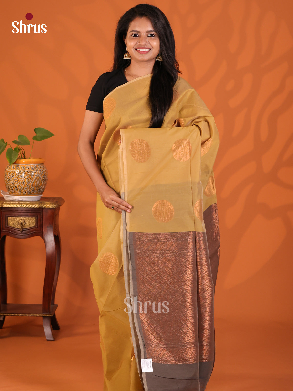 Beige with Brown - Semi Silkcotton Saree - Shop on Shrus.com