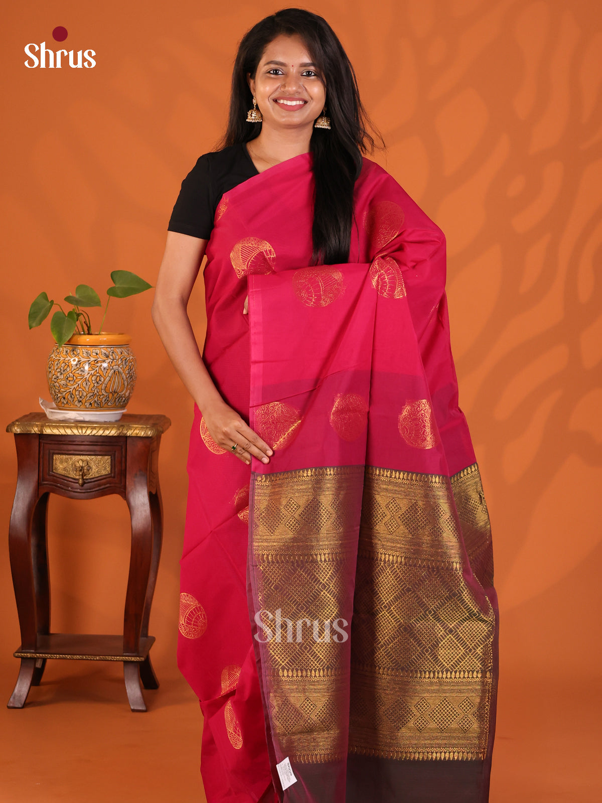 Pink with Purple - Semi Silkcotton Saree - Shop on Shrus.com