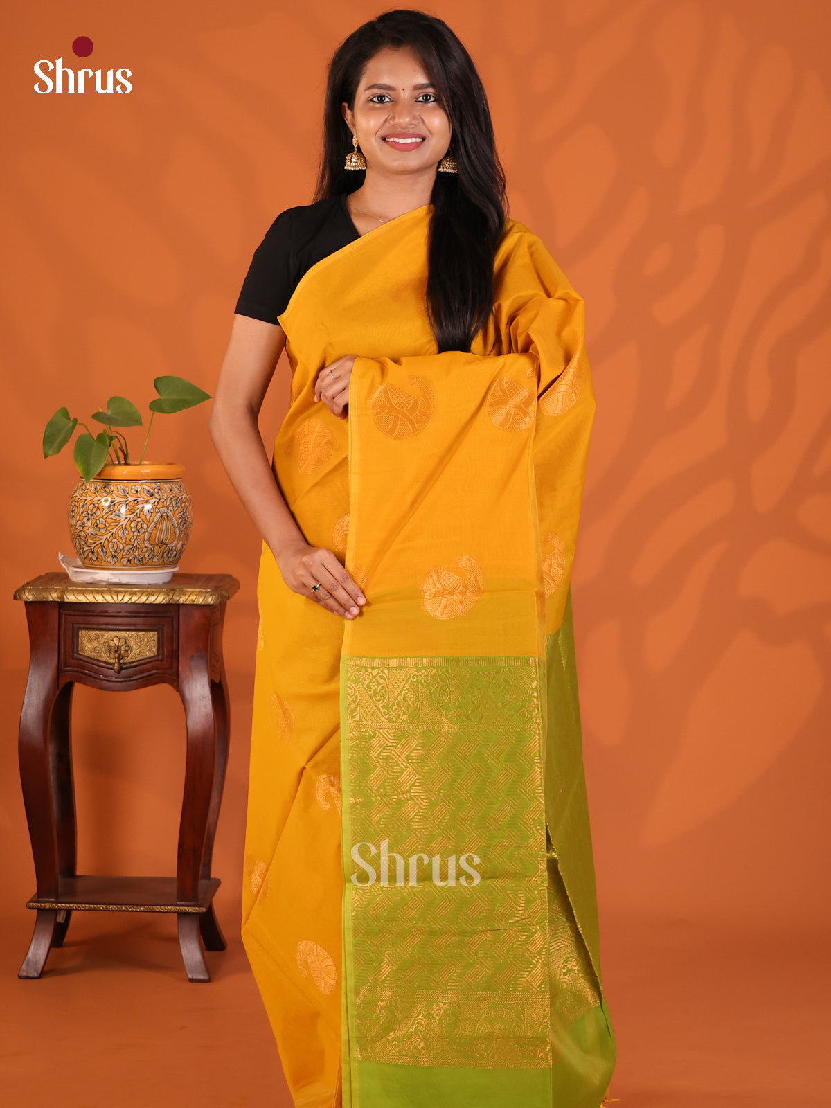 Mustard & Green - Semi Silkcotton Saree - Shop on Shrus.com
