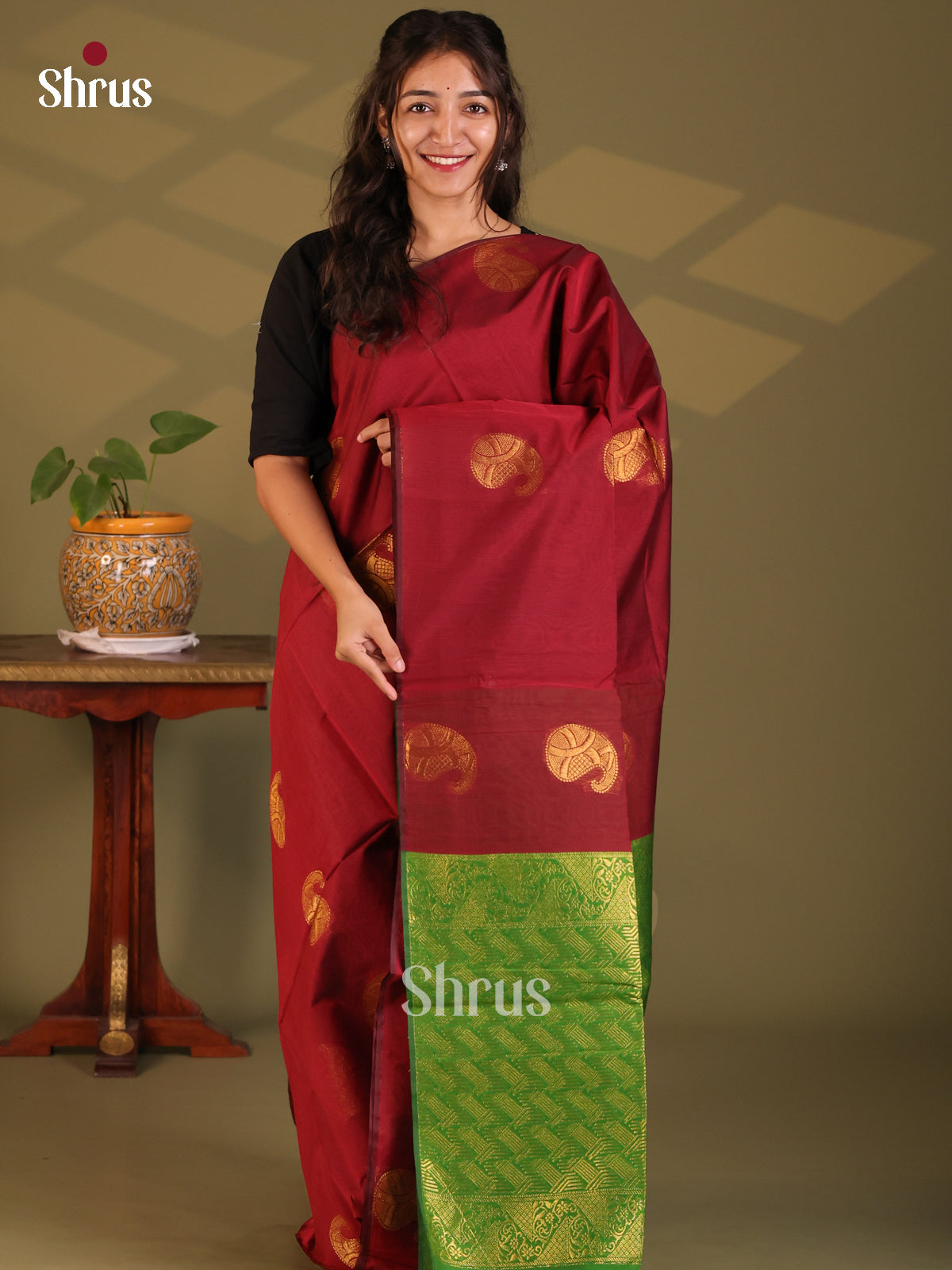 Maroon with Green- Semi Silkcotton Saree - Shop on Shrus.com