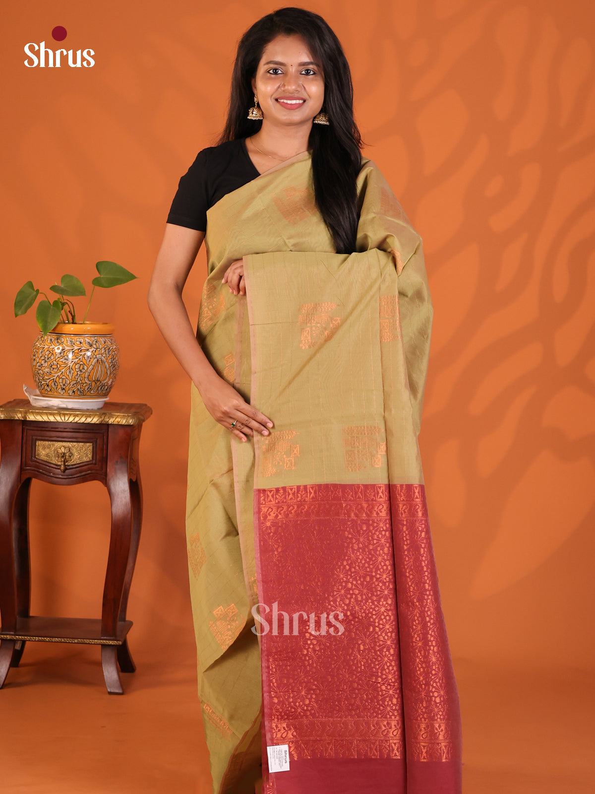 Lite green & Maroon - Semi Silkcotton Saree - Shop on Shrus.com