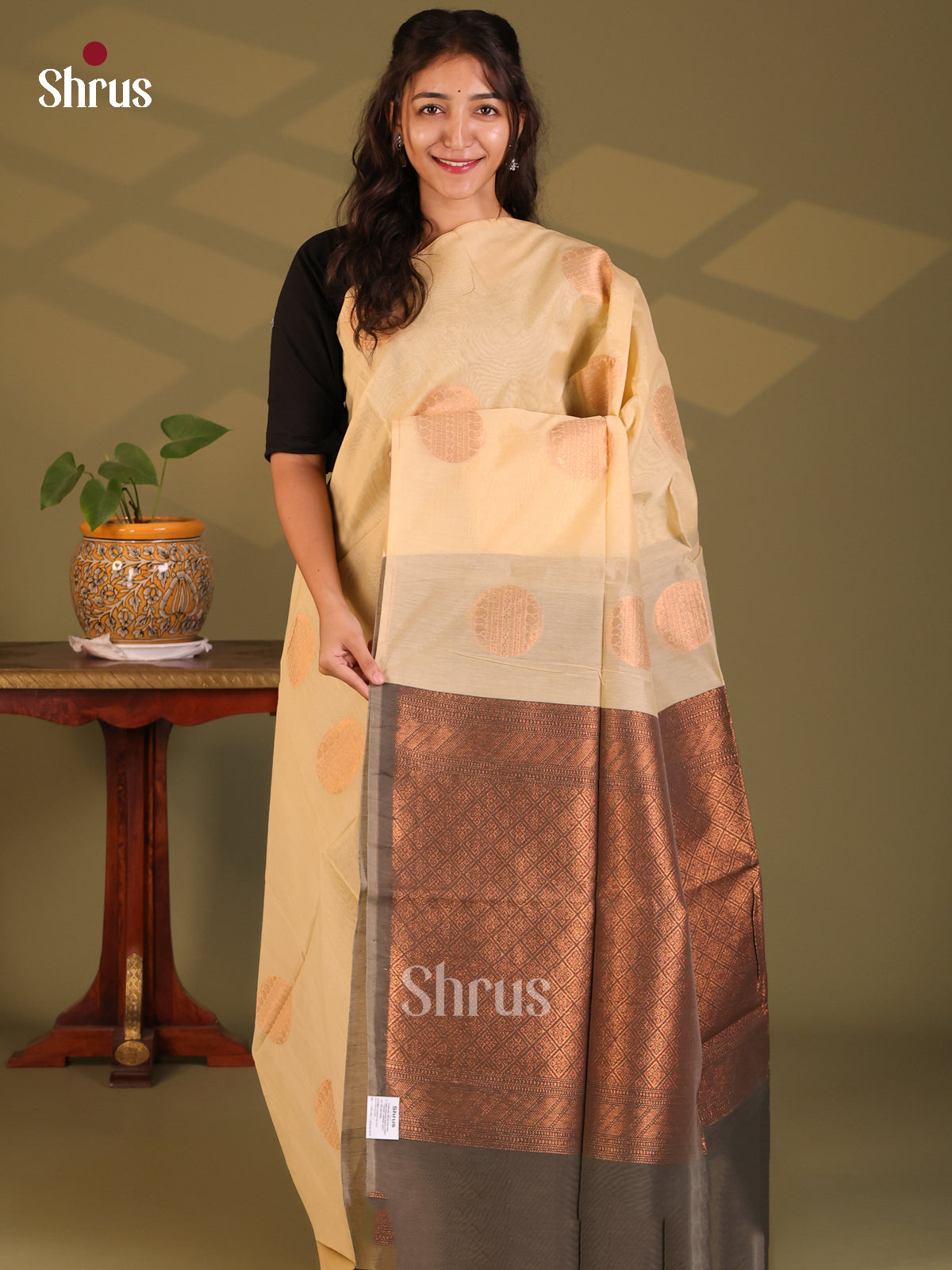 Cream with Grey - Semi Silkcotton Saree - Shop on Shrus.com