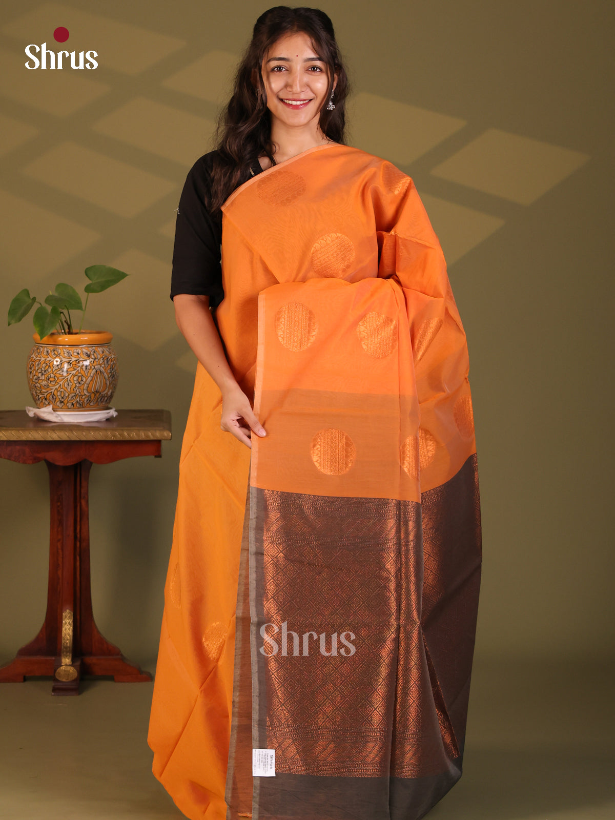 Orange & Brown - Semi Silkcotton Saree - Shop on Shrus.com