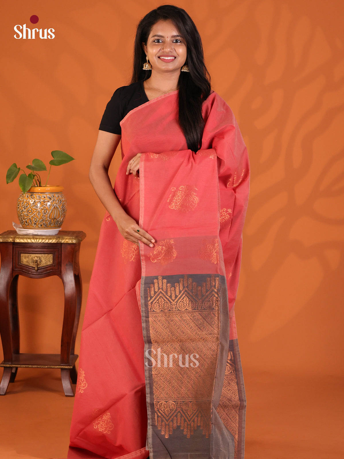 Orangish pink & Grey - Semi Silkcotton Saree - Shop on Shrus.com