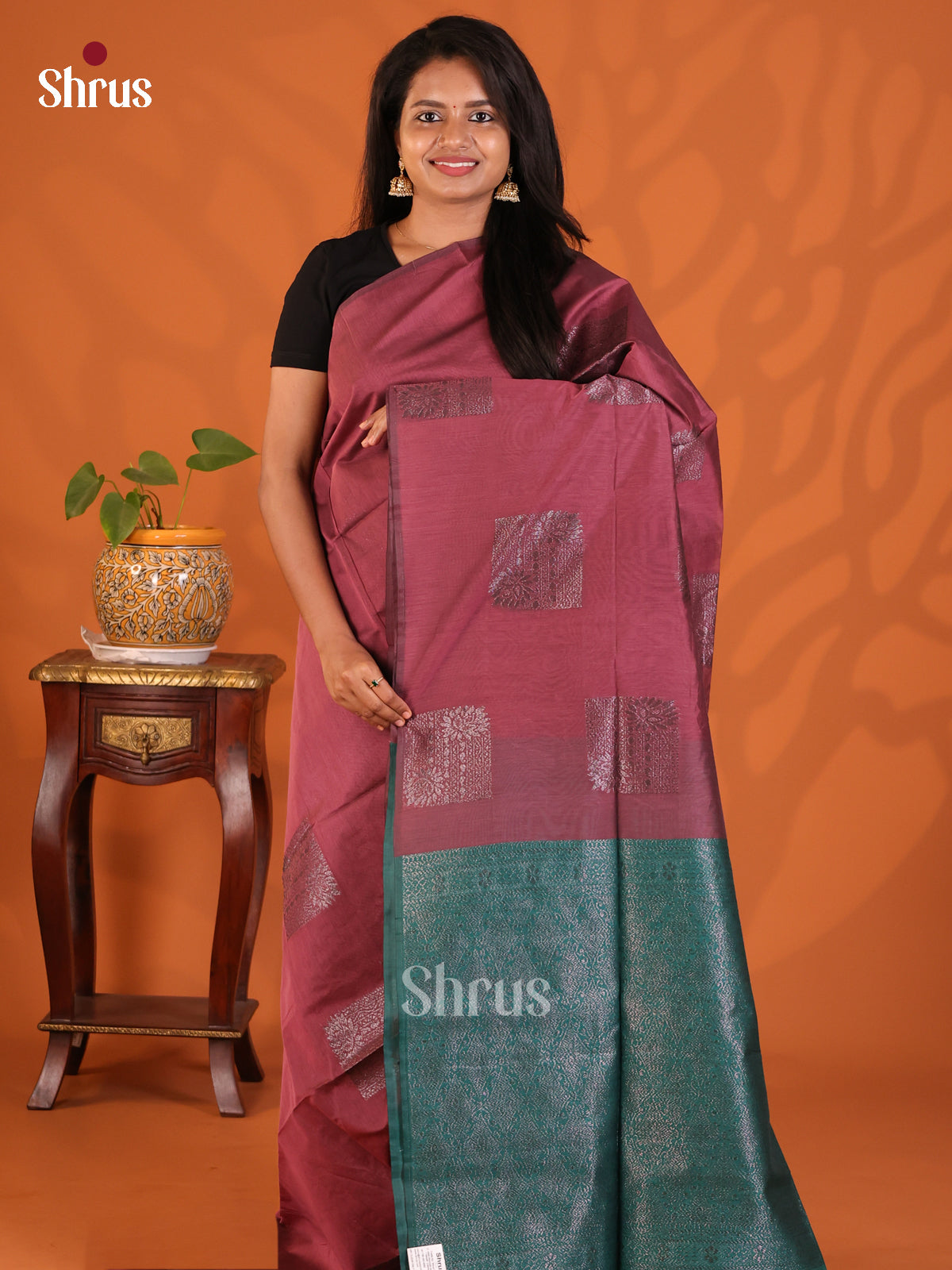 Maroon & Green - Semi Silkcotton Saree - Shop on Shrus.com