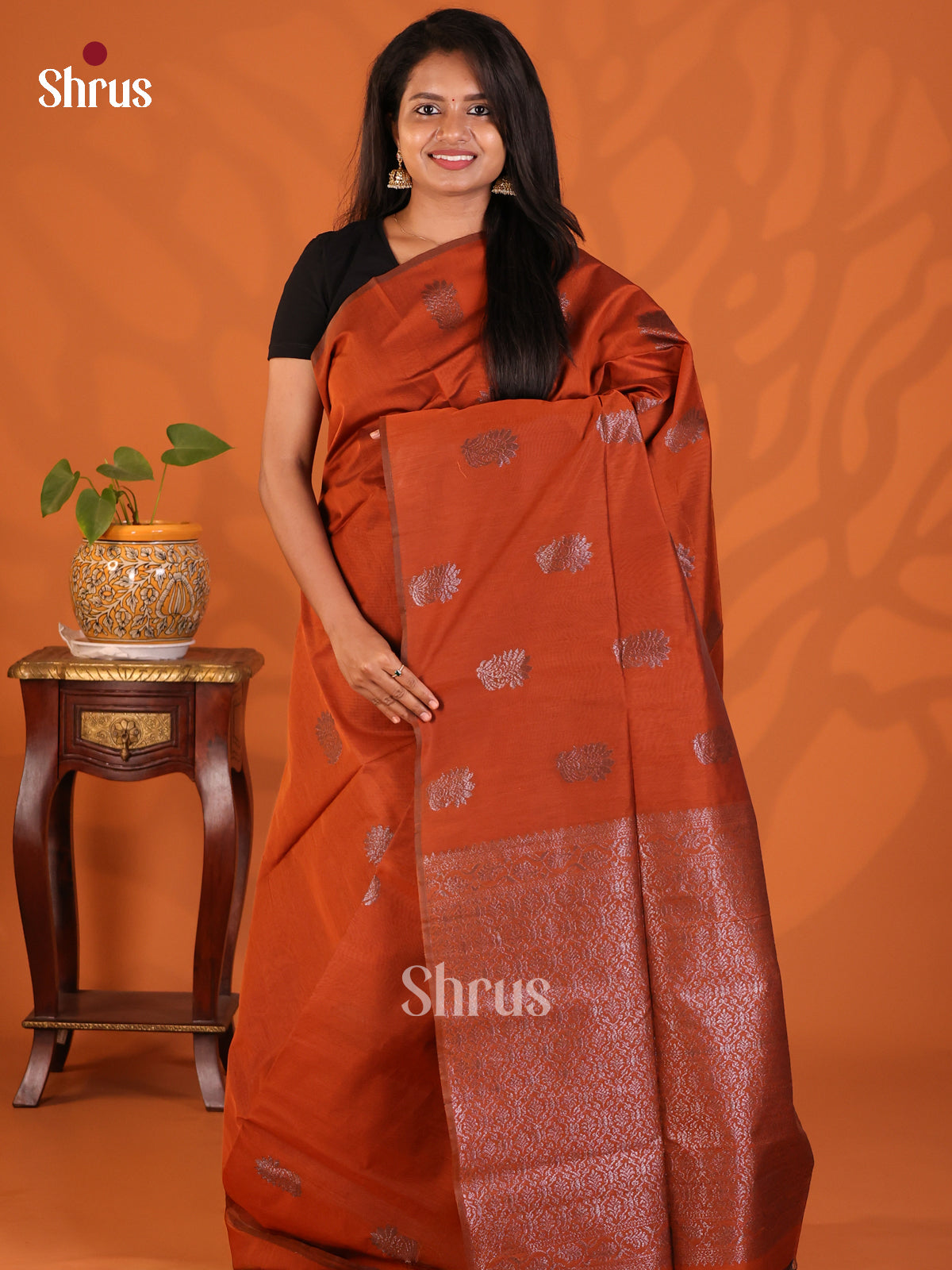 Rust- Semi Silkcotton Saree - Shop on Shrus.com