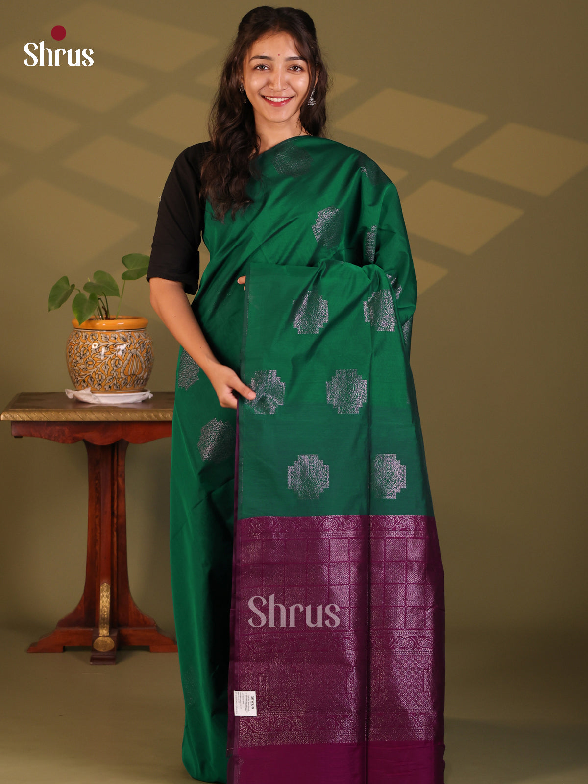 Green with Purple- Semi Silkcotton Saree - Shop on Shrus.com