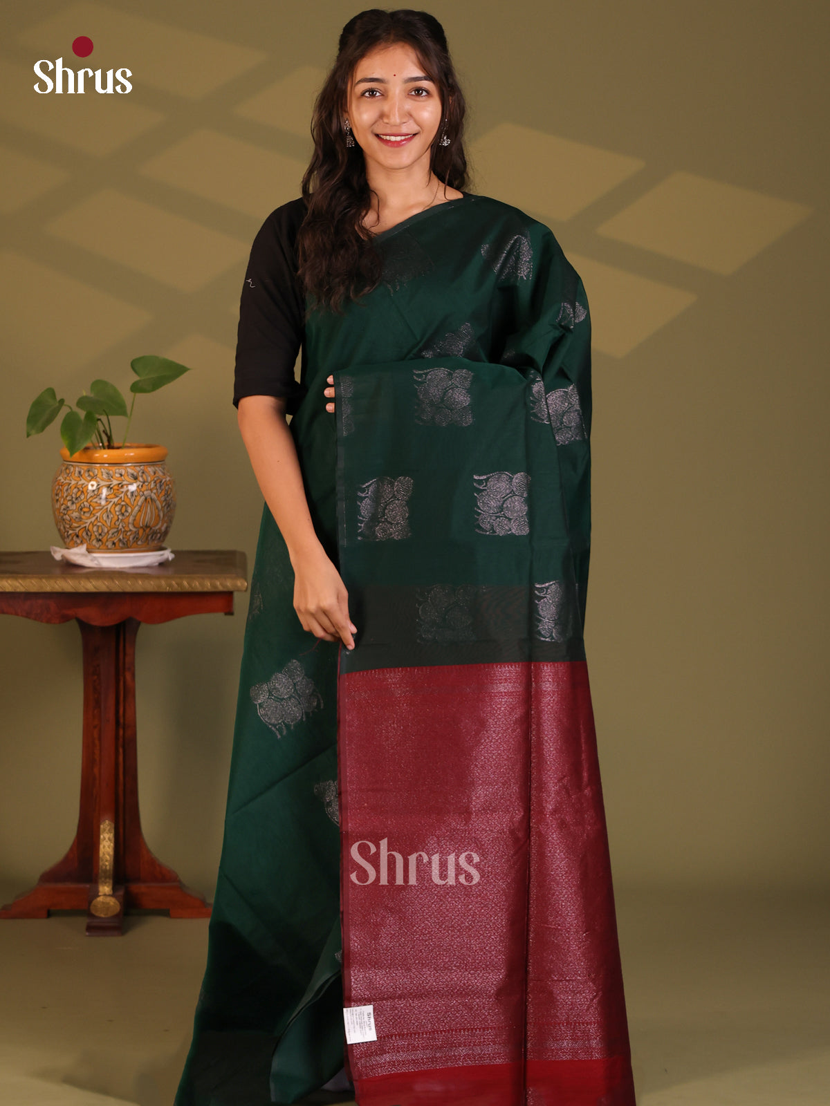 Dark Green with Maroon - Semi Silkcotton Saree - Shop on Shrus.com