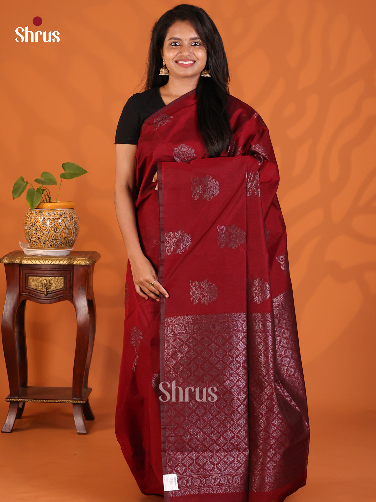 Maroon - Semi Silkcotton Saree - Shop on Shrus.com