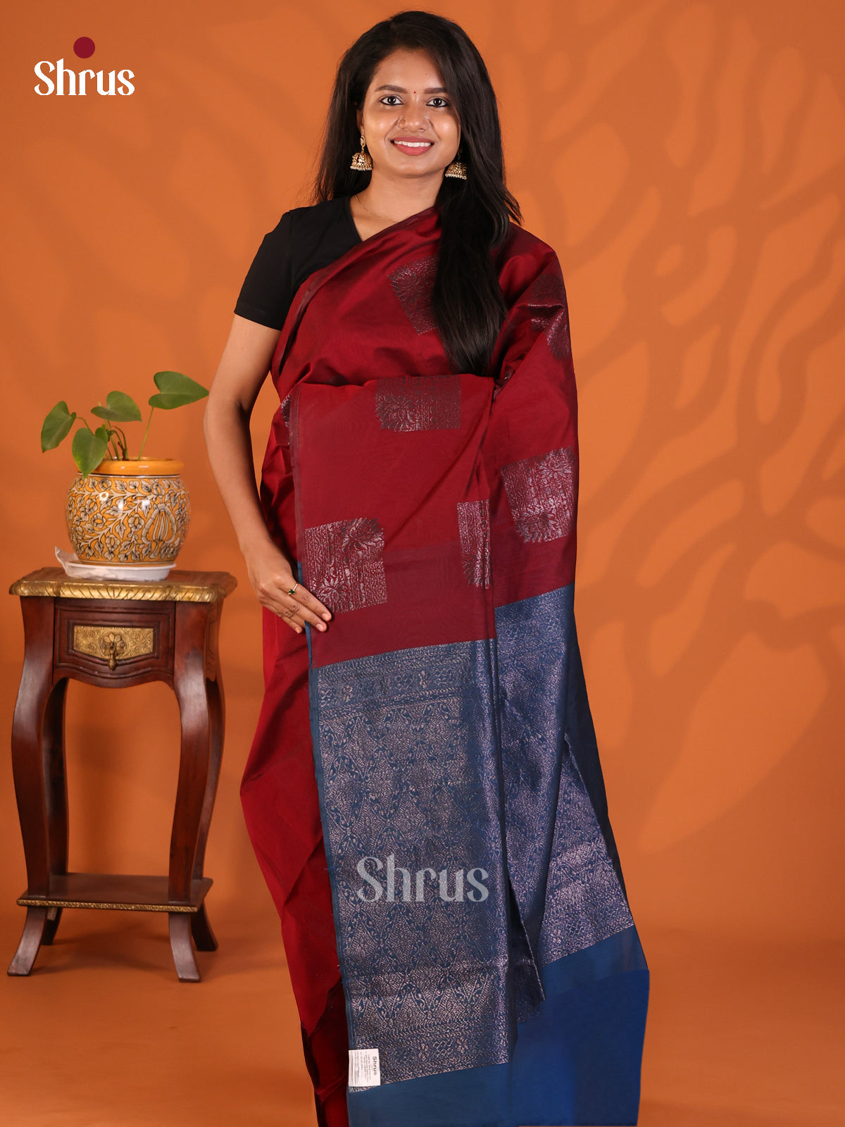 Maroon with Blue- Semi Silkcotton Saree - Shop on Shrus.com