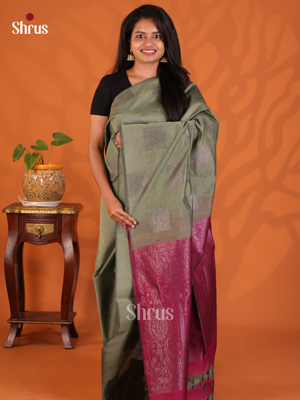 Grey Green with Maroon - Semi Silkcotton Saree - Shop on Shrus.com