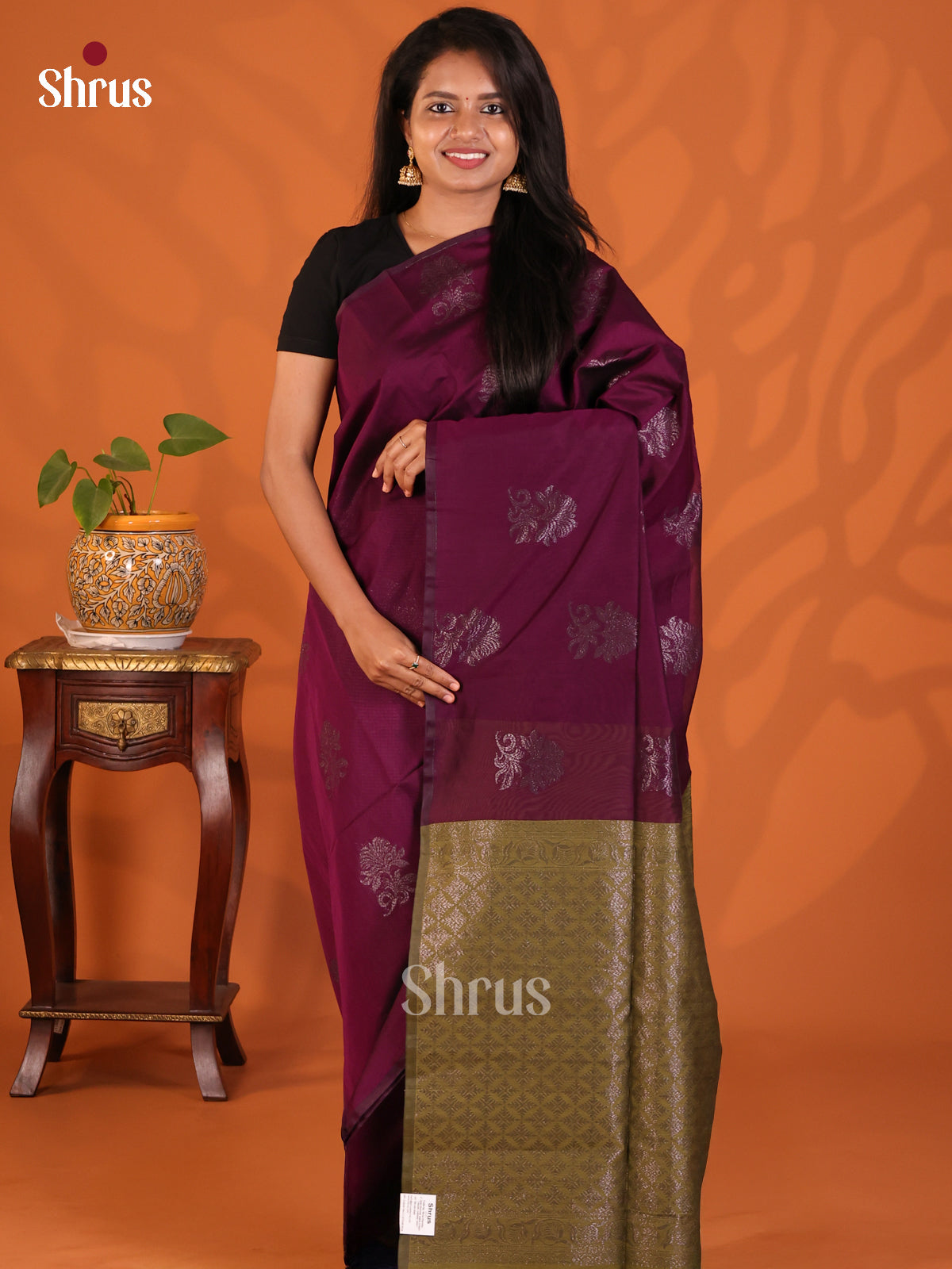 Purple with Green - Semi Silkcotton Saree - Shop on Shrus.com