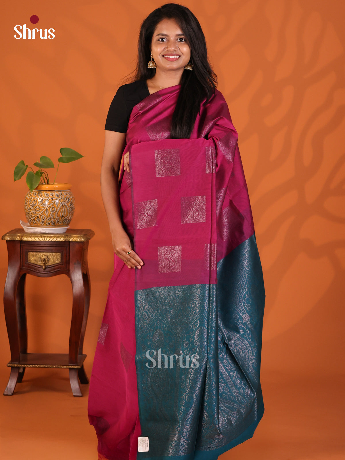 Maroon With Peacock Blue - Semi Silkcotton Saree - Shop on Shrus.com