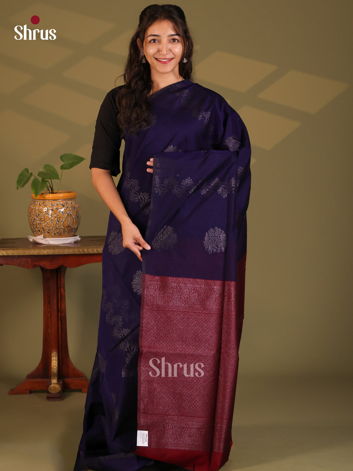 Blue with Maroon- Semi Silkcotton Saree - Shop on Shrus.com