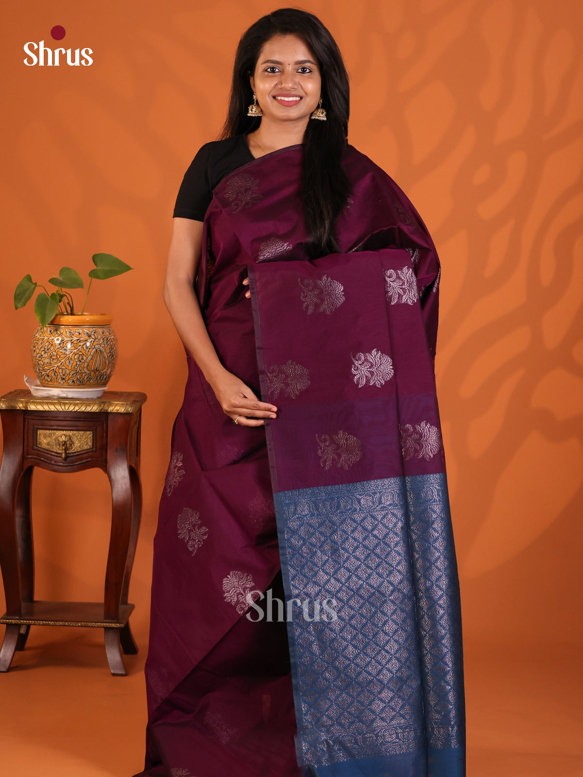 Purple with Blue - Semi Silkcotton Saree - Shop on Shrus.com