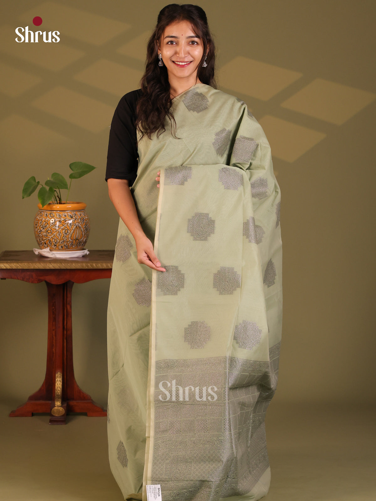 Grey Green - Semi Silkcotton Saree - Shop on Shrus.com