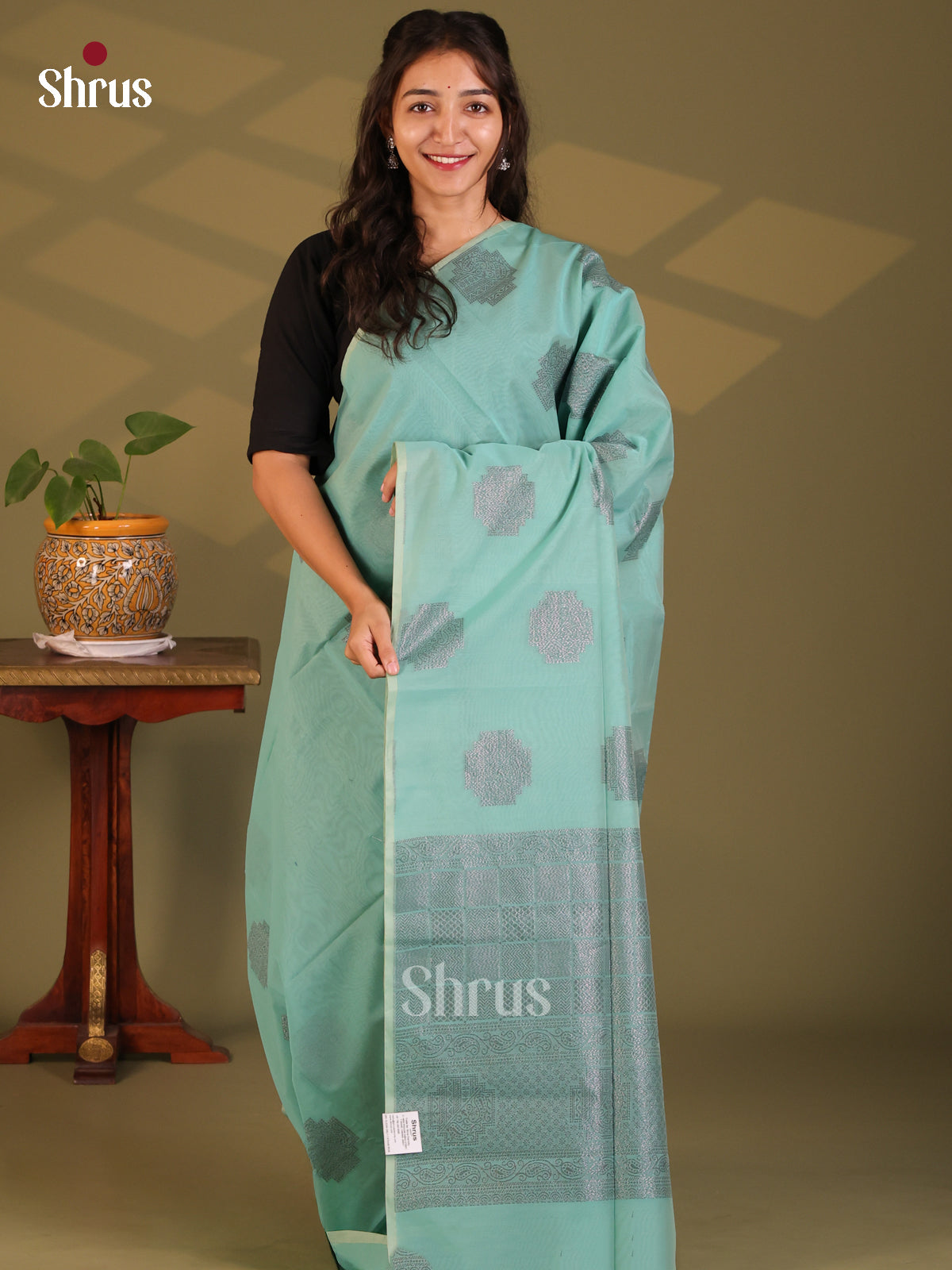 Pastel Blue - Semi Silkcotton Saree - Shop on Shrus.com