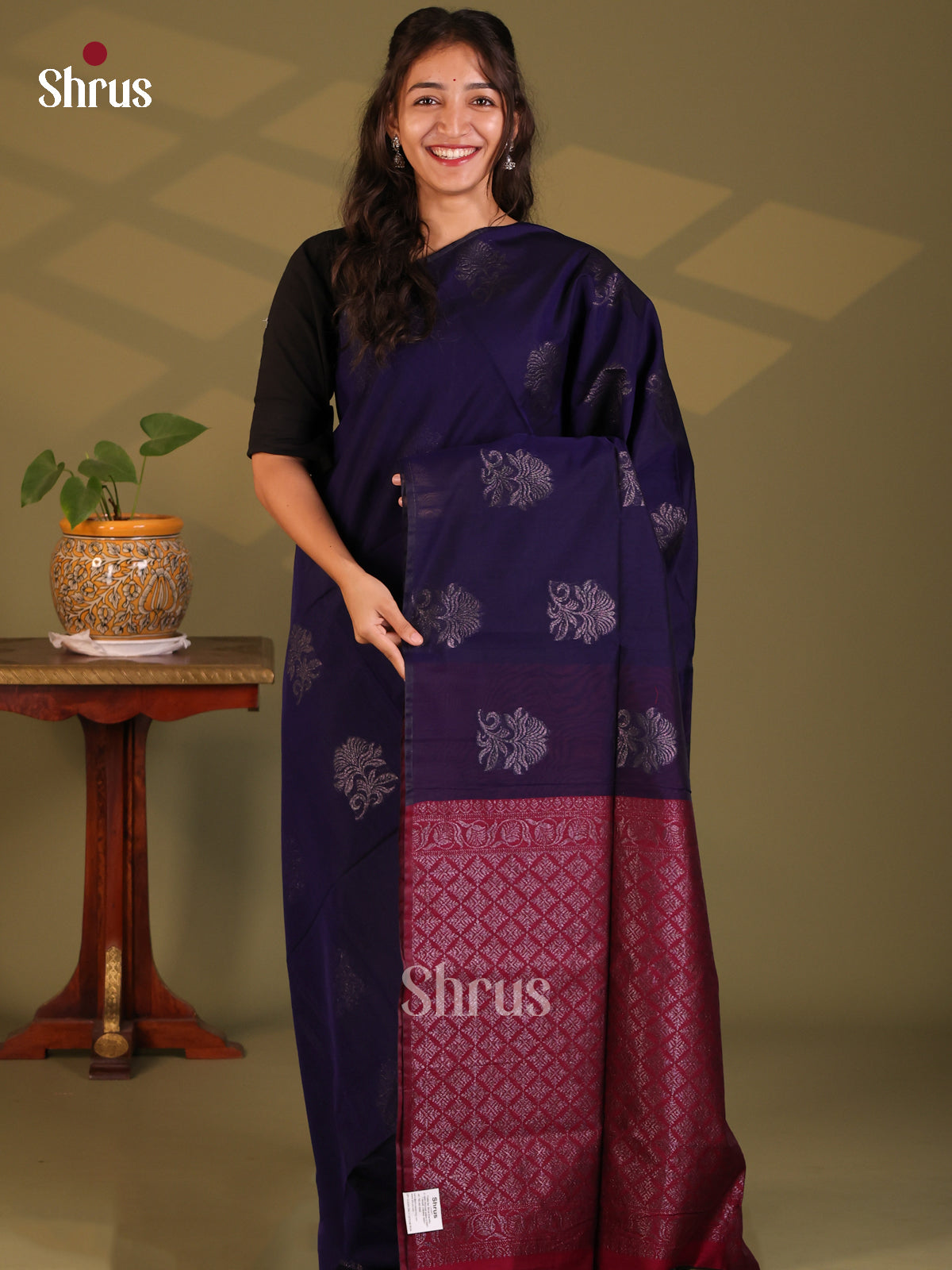 Blue with Maroon - Semi Silkcotton Saree - Shop on Shrus.com