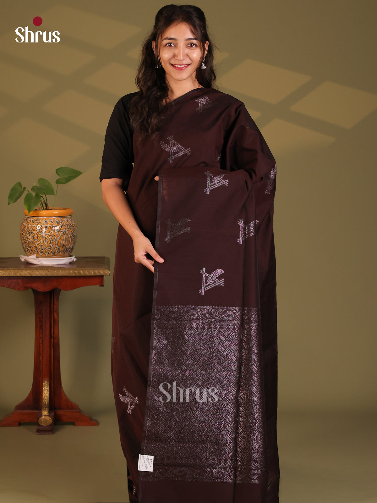 Brown- Semi Silkcotton Saree - Shop on Shrus.com
