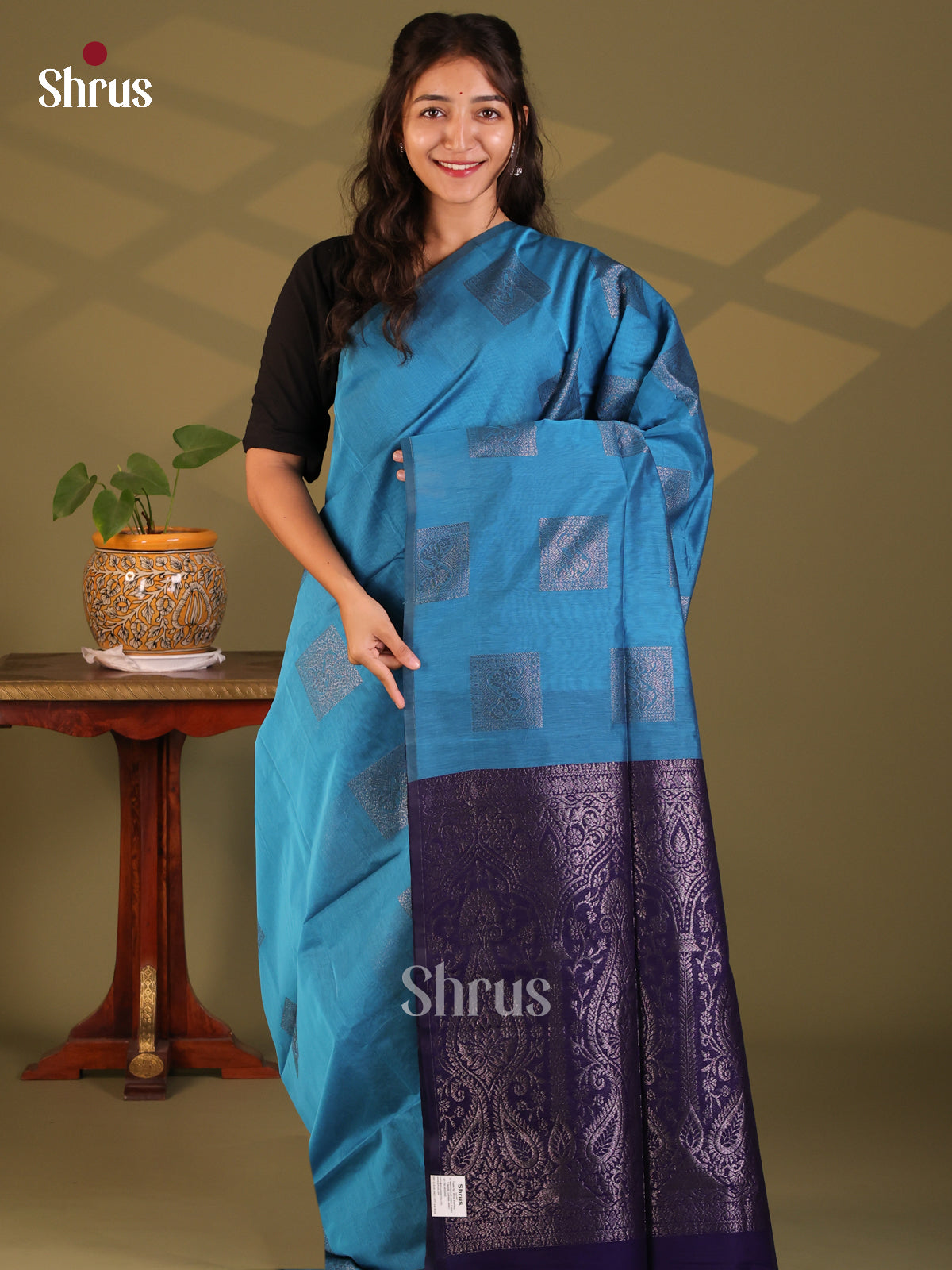 Blue with Navy Blue - Semi Silkcotton Saree - Shop on Shrus.com