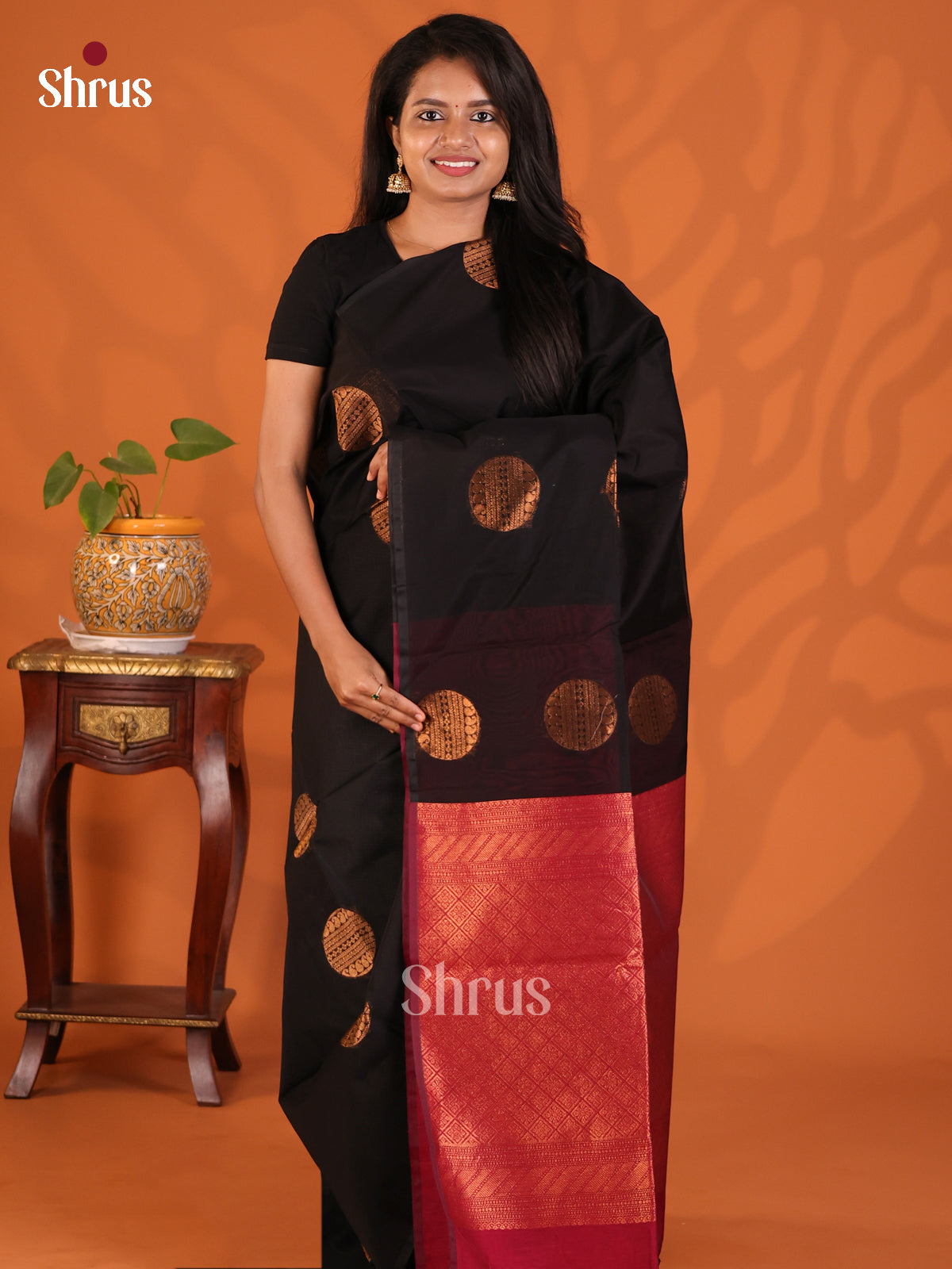 Black with Maroon - Semi Silkcotton Saree - Shop on Shrus.com