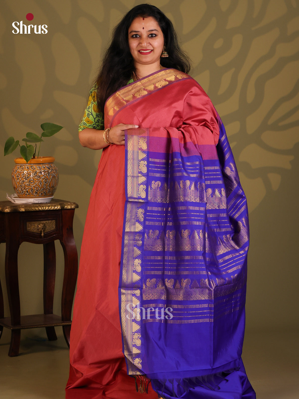 REd with Blue- Silkcotton-halfpure Saree - Shop on Shrus.com
