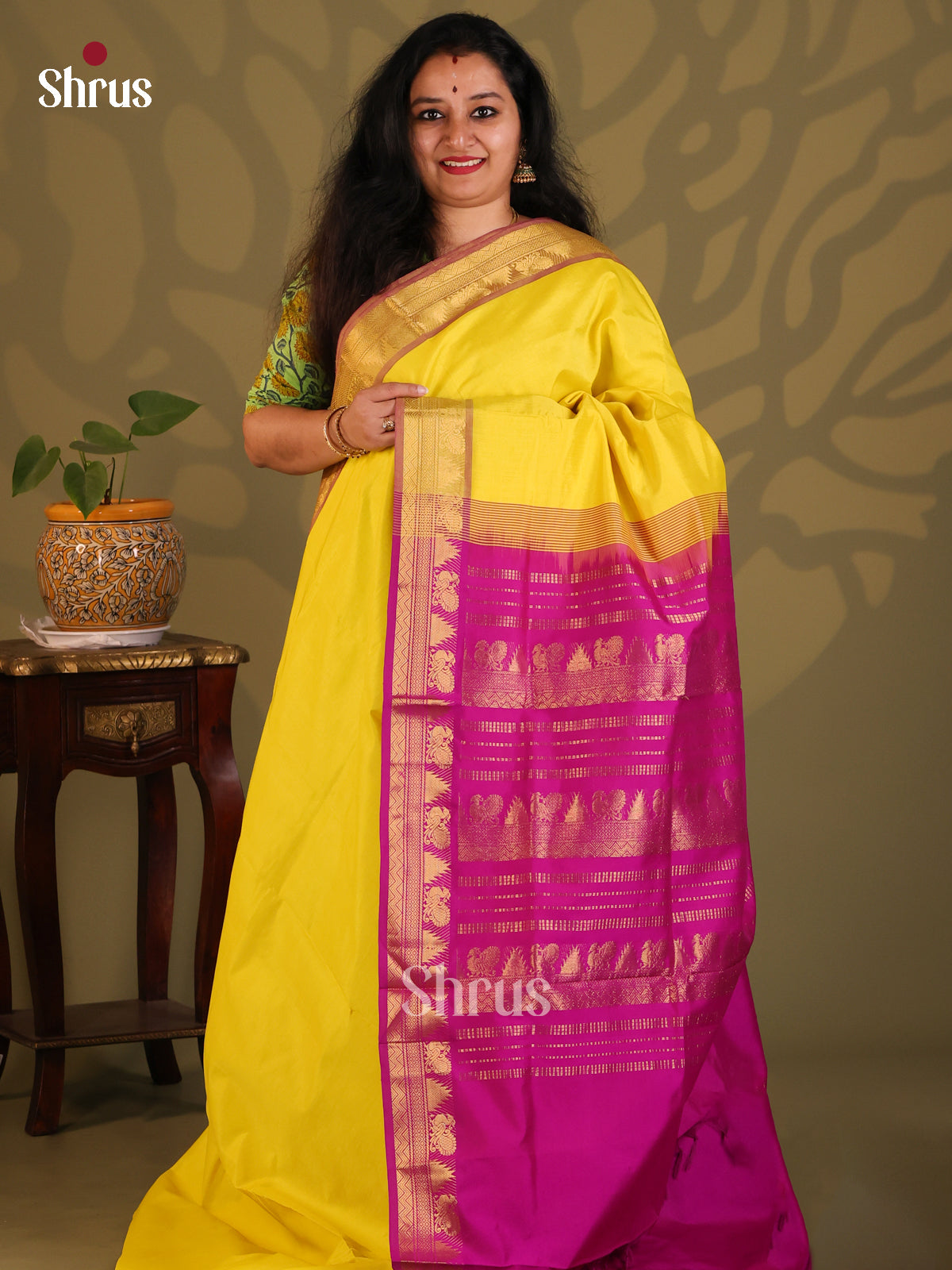 Yellow with Majenta - Silkcotton-halfpure Saree - Shop on Shrus.com