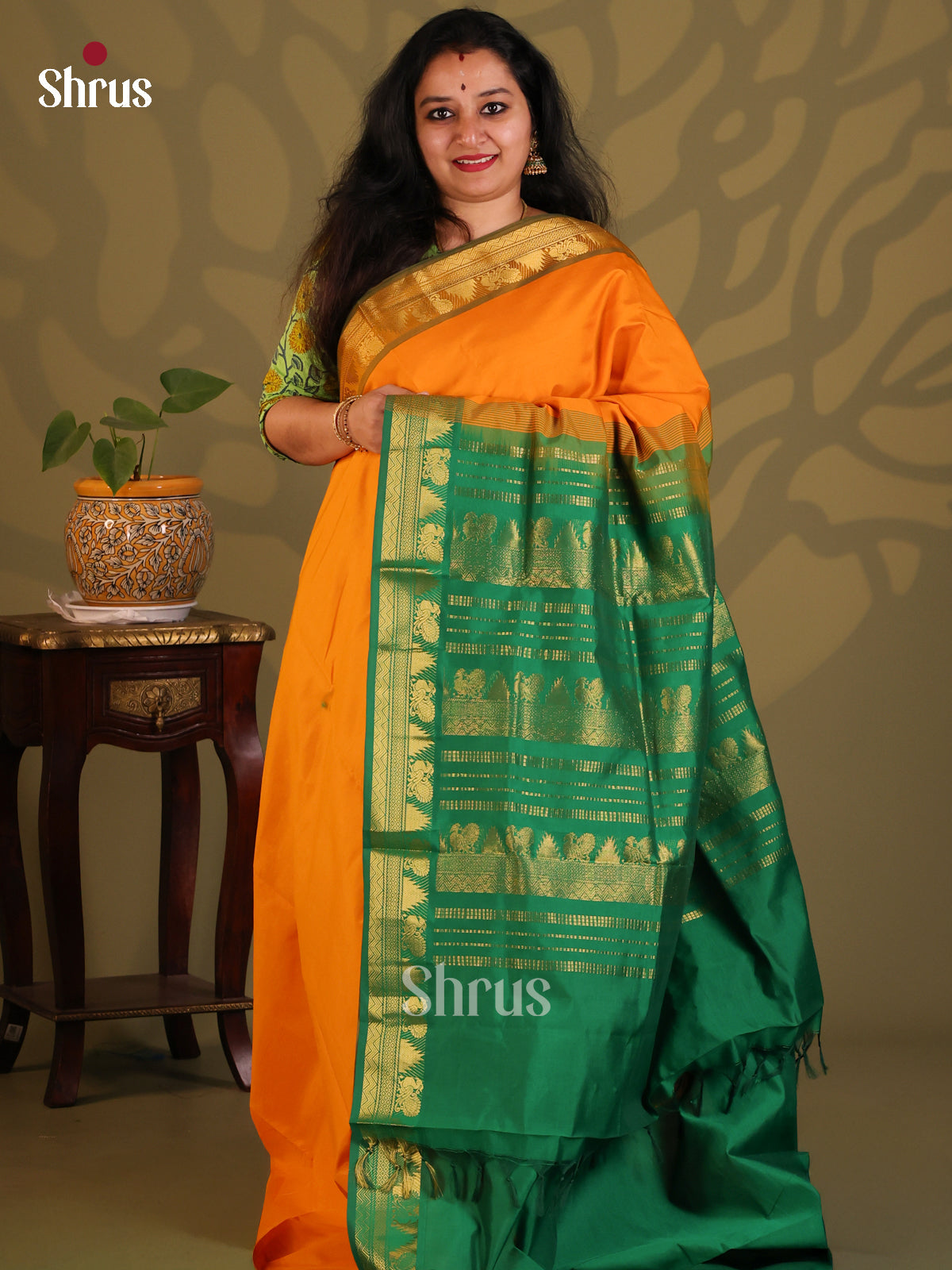 Orange with Green - Silkcotton-halfpure Saree - Shop on Shrus.com