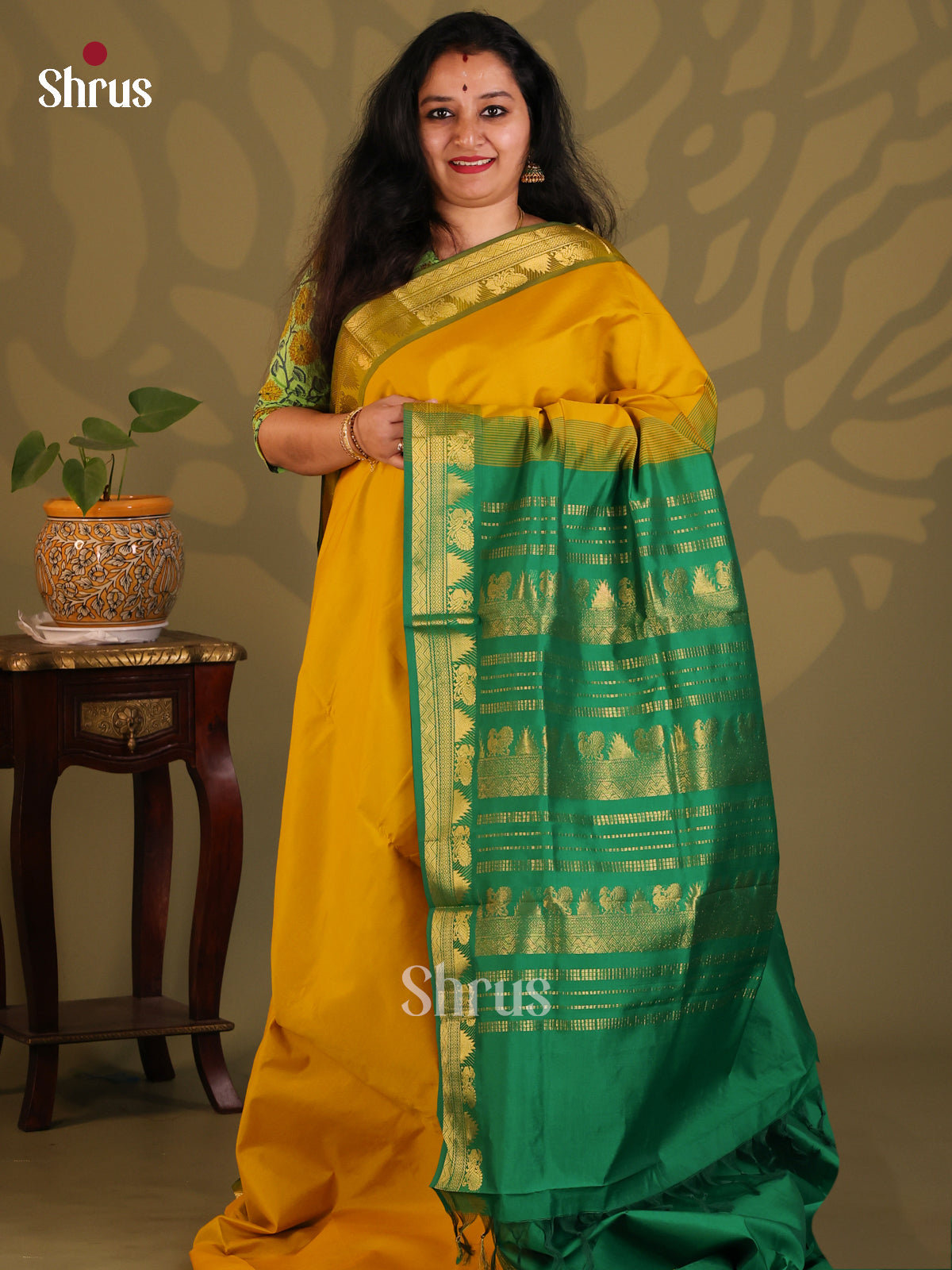 Mustard with Green - Silkcotton-halfpure Saree - Shop on Shrus.com