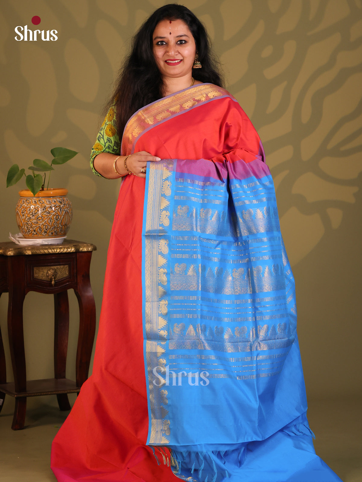Red with Blue - Silkcotton-halfpure Saree - Shop on Shrus.com