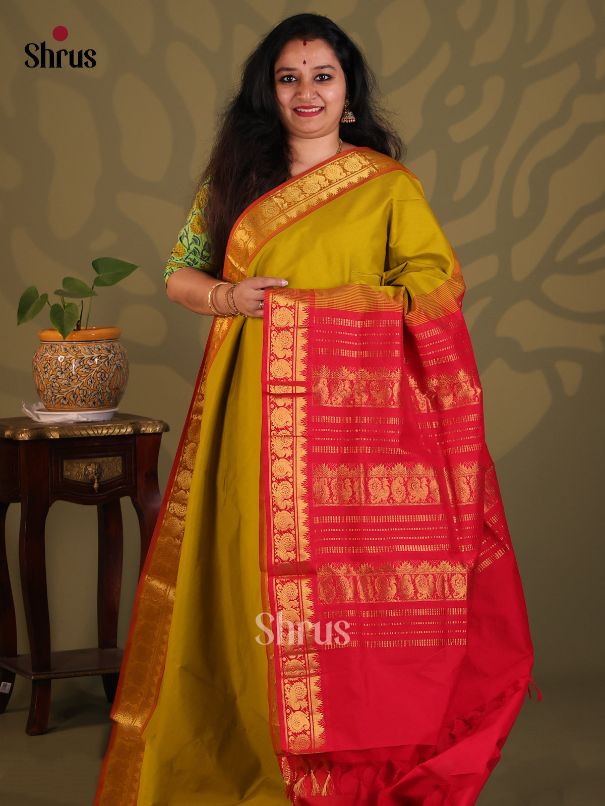 Mathulir Green with Red- Silkcotton-halfpure Saree - Shop on Shrus.com