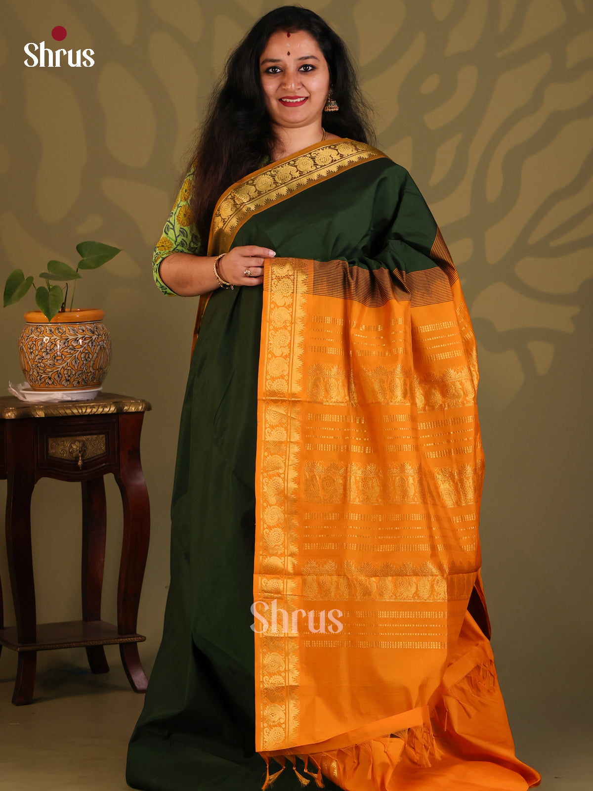 Dark Green with Mustard - Silkcotton-halfpure Saree - Shop on Shrus.com