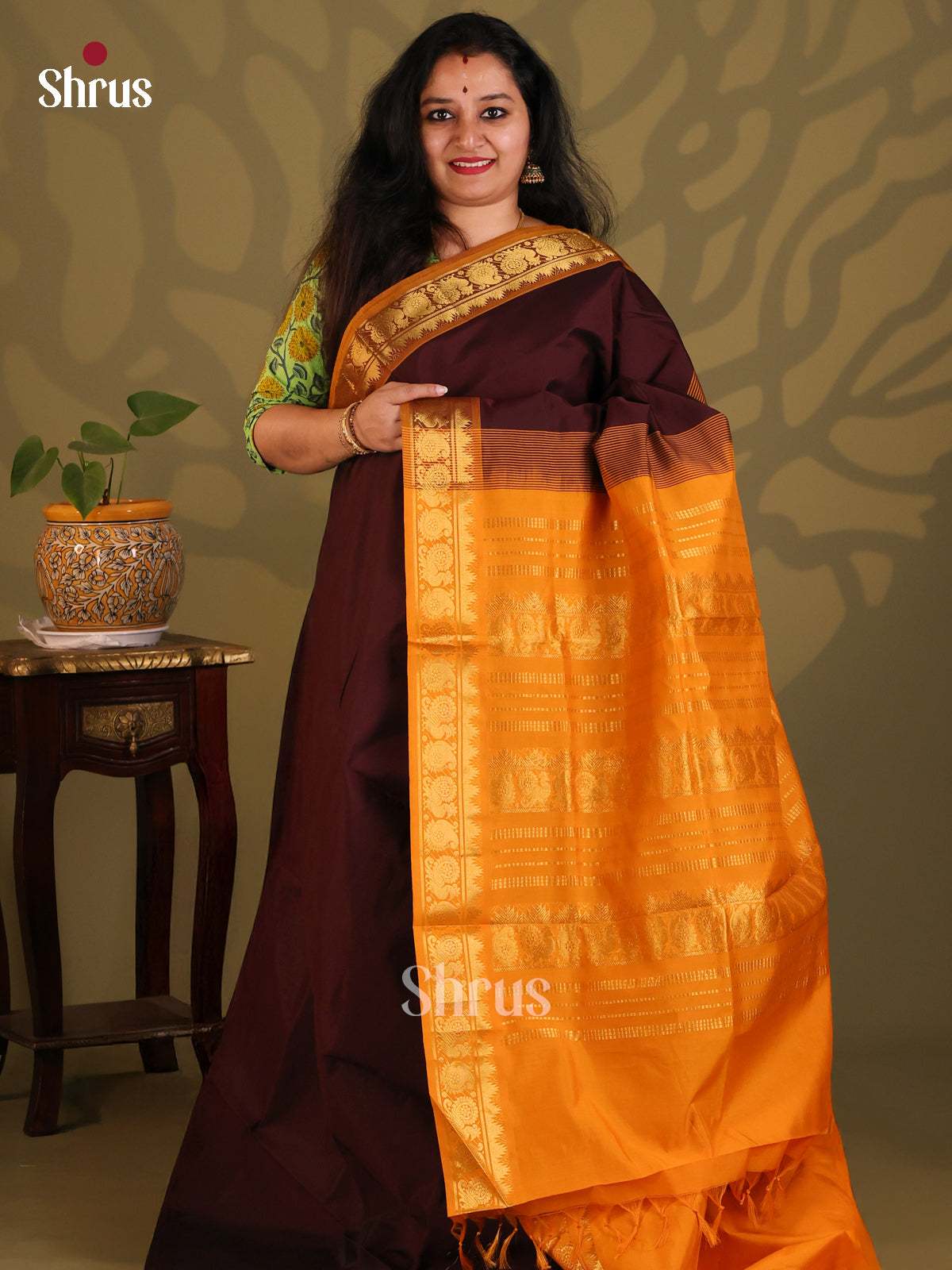 Coffee Brown with Mustard- Silkcotton-halfpure Saree - Shop on Shrus.com