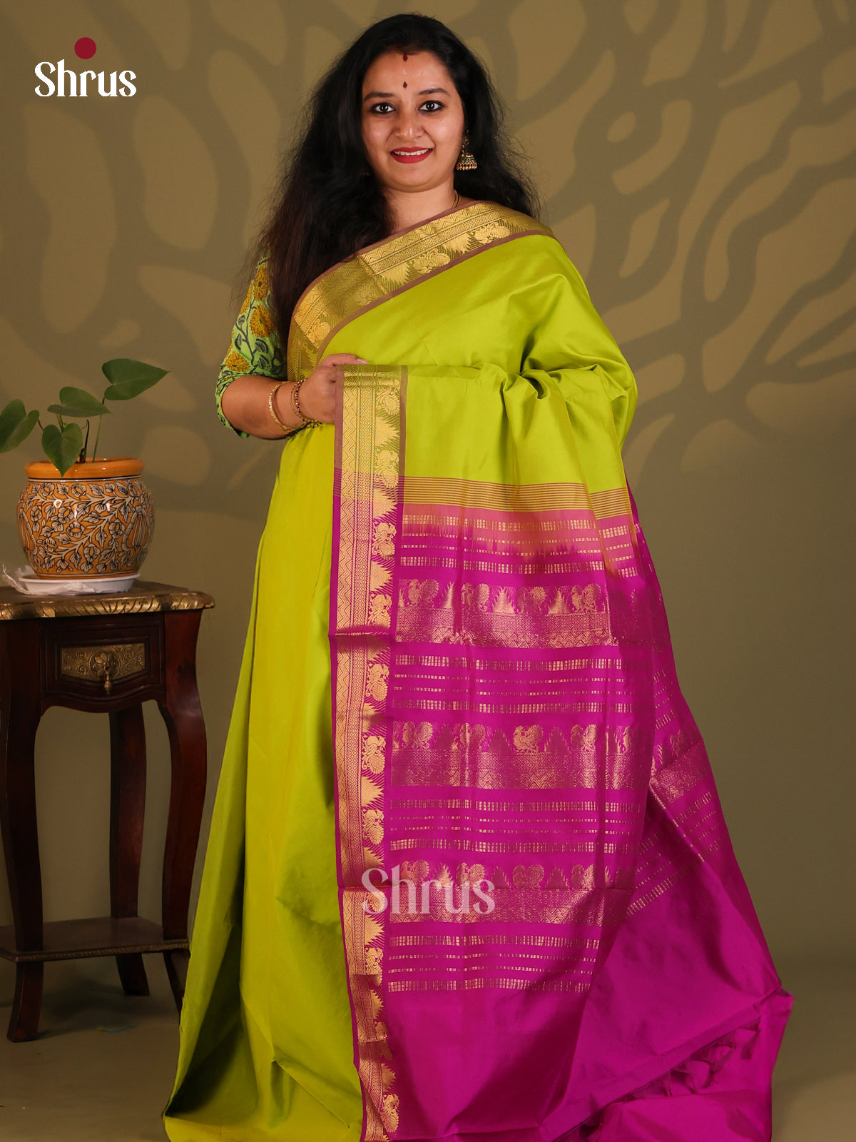 Lite Green with Purple- Silkcotton-halfpure Saree - Shop on Shrus.com