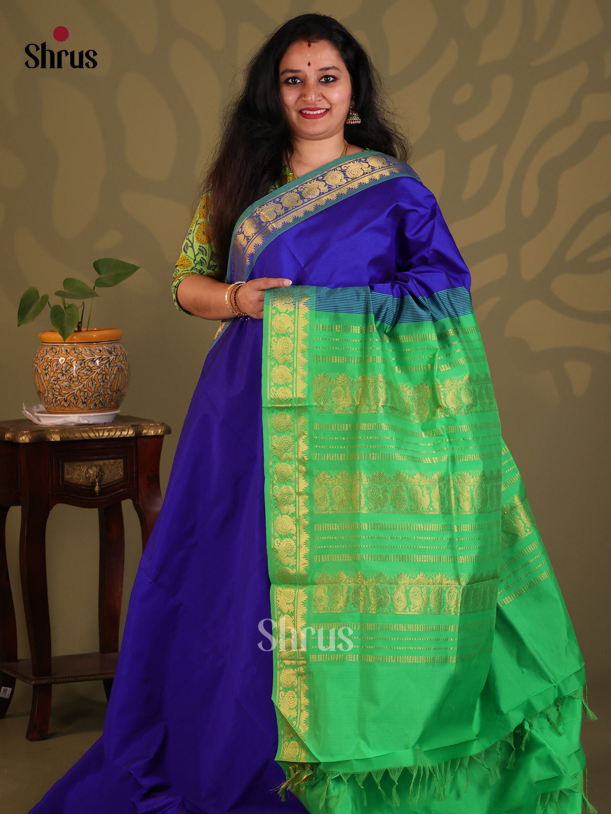 Blue & Green - Silkcotton-halfpure Saree - Shop on Shrus.com