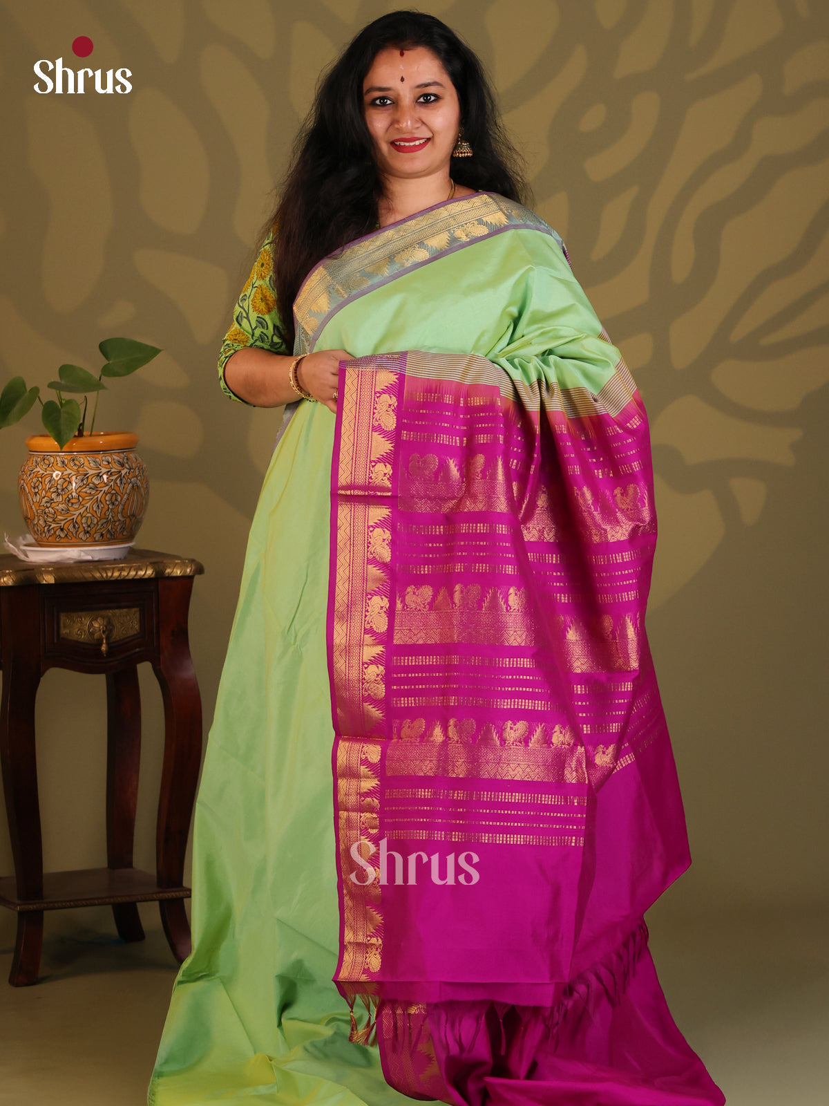 Pista green with Purple - Silkcotton-halfpure Saree - Shop on Shrus.com