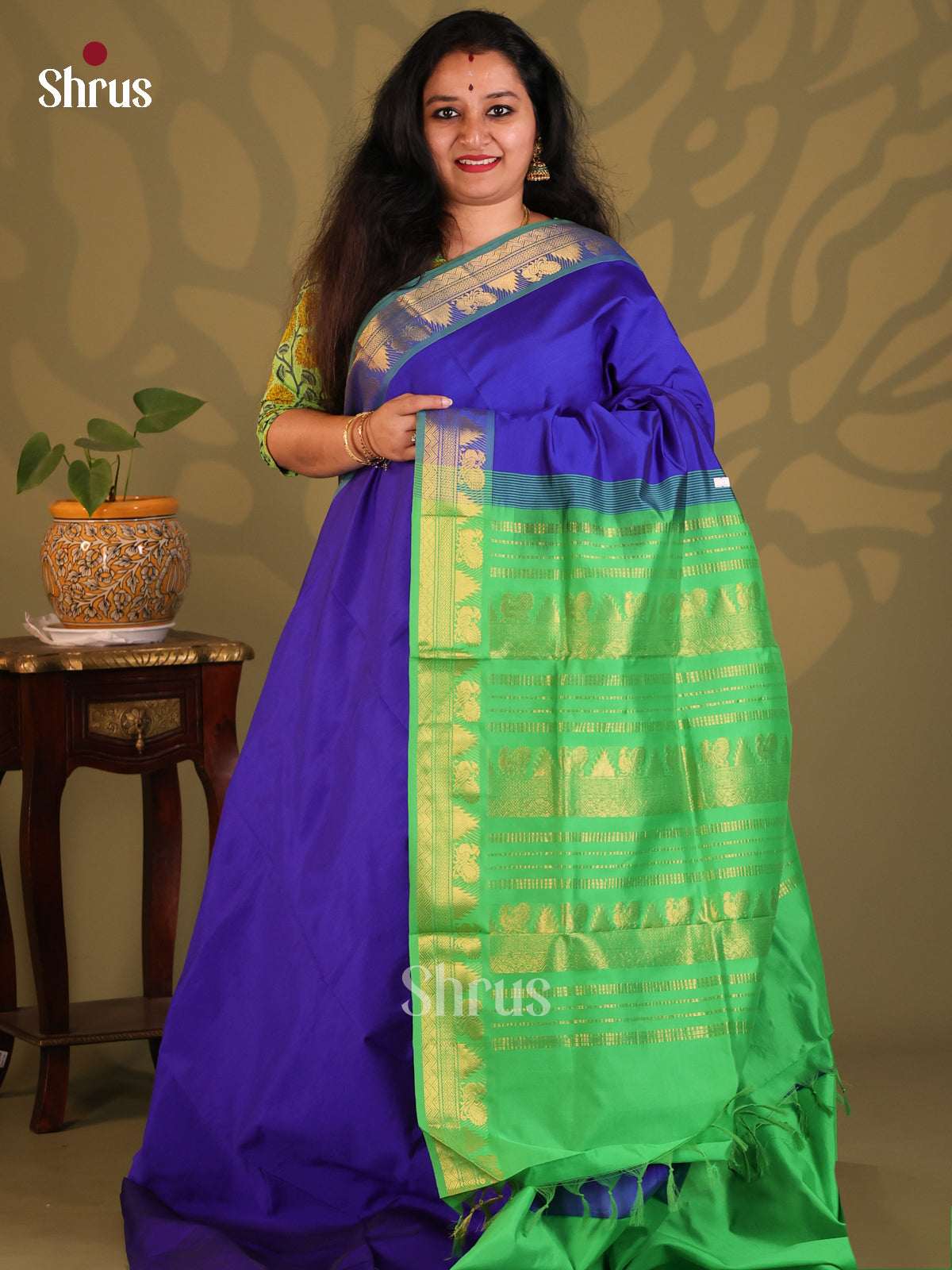 Blue with Green - Silkcotton-halfpure Saree - Shop on Shrus.com