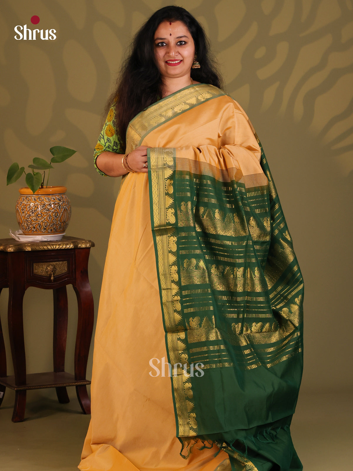 Peach with Green- Silkcotton-halfpure Saree - Shop on Shrus.com
