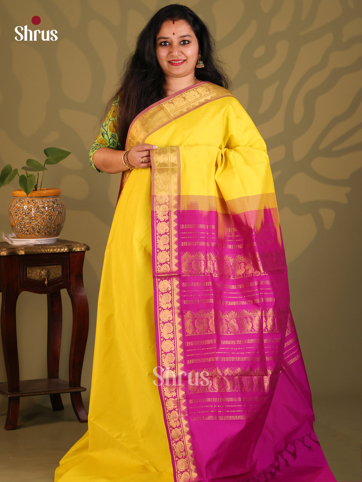 Yellow with Purple- Silkcotton-halfpure Saree - Shop on Shrus.com