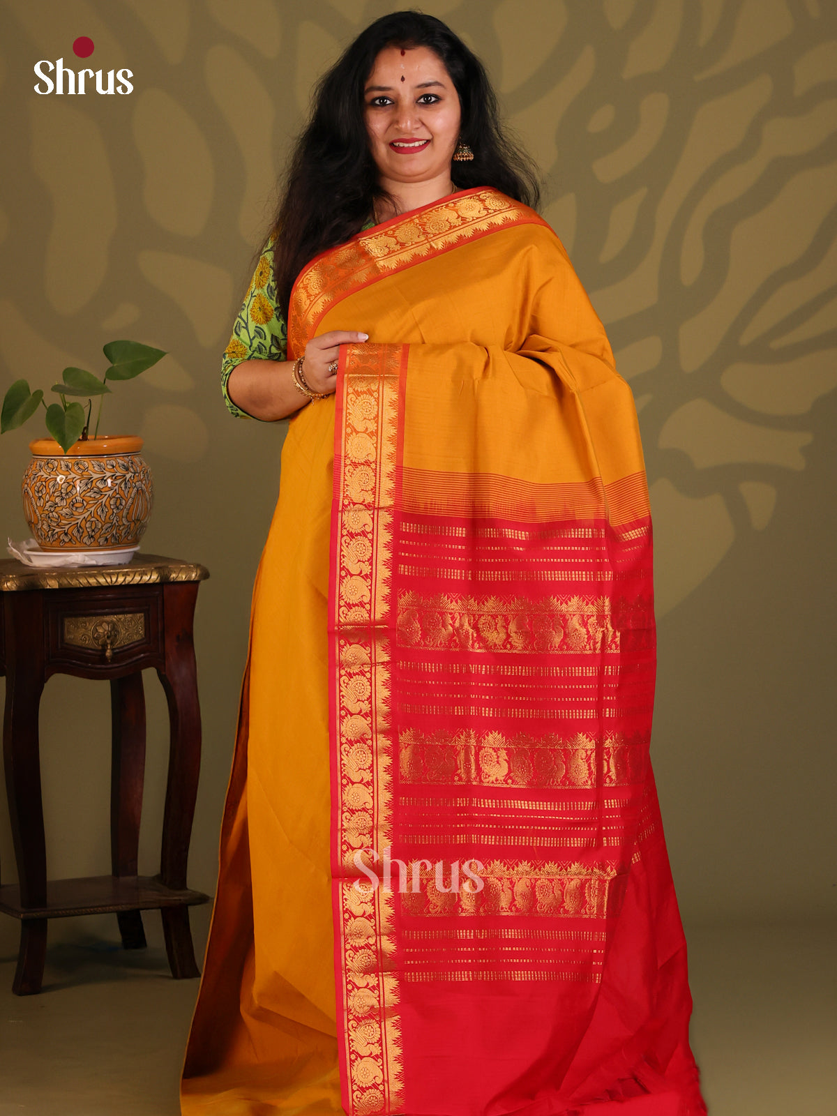 Mustard with Red- Silkcotton-halfpure Saree - Shop on Shrus.com