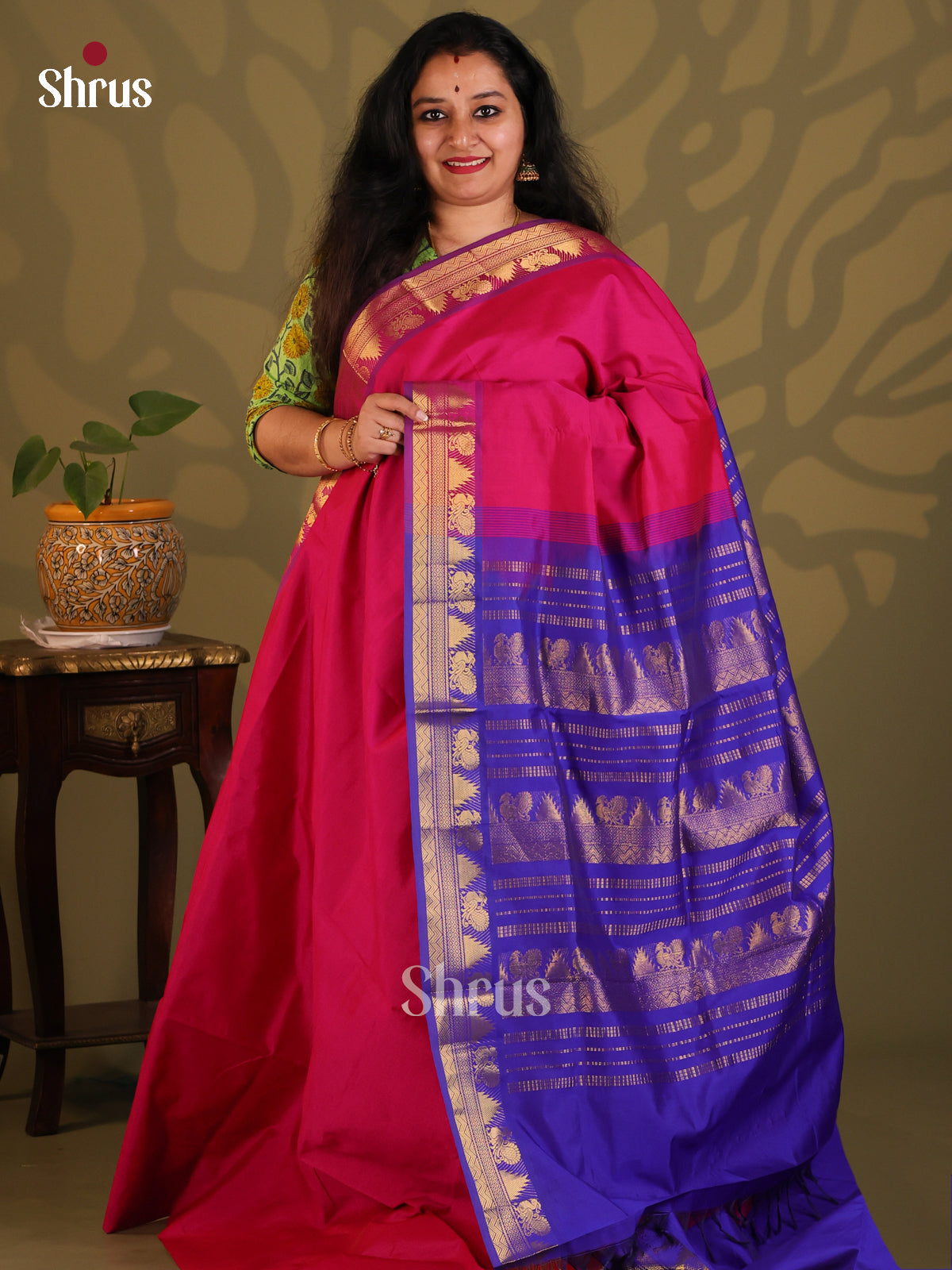 Red with Blue- Silkcotton-halfpure Saree - Shop on Shrus.com
