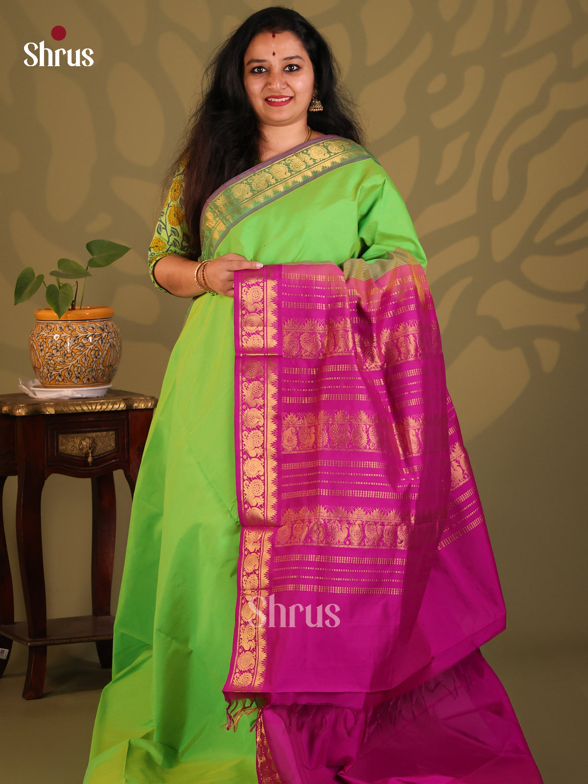 Green with Majenta- Silkcotton-halfpure Saree - Shop on Shrus.com