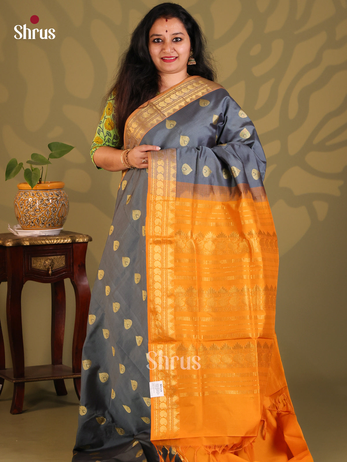 Grey with Brick - Silkcotton-halfpure Saree - Shop on Shrus.com