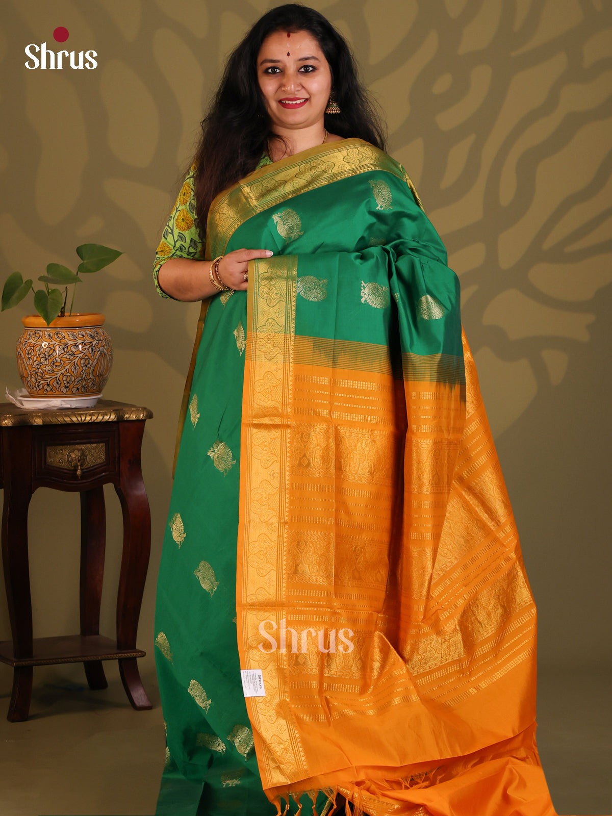 Green with Brick- Silkcotton-halfpure Saree - Shop on Shrus.com