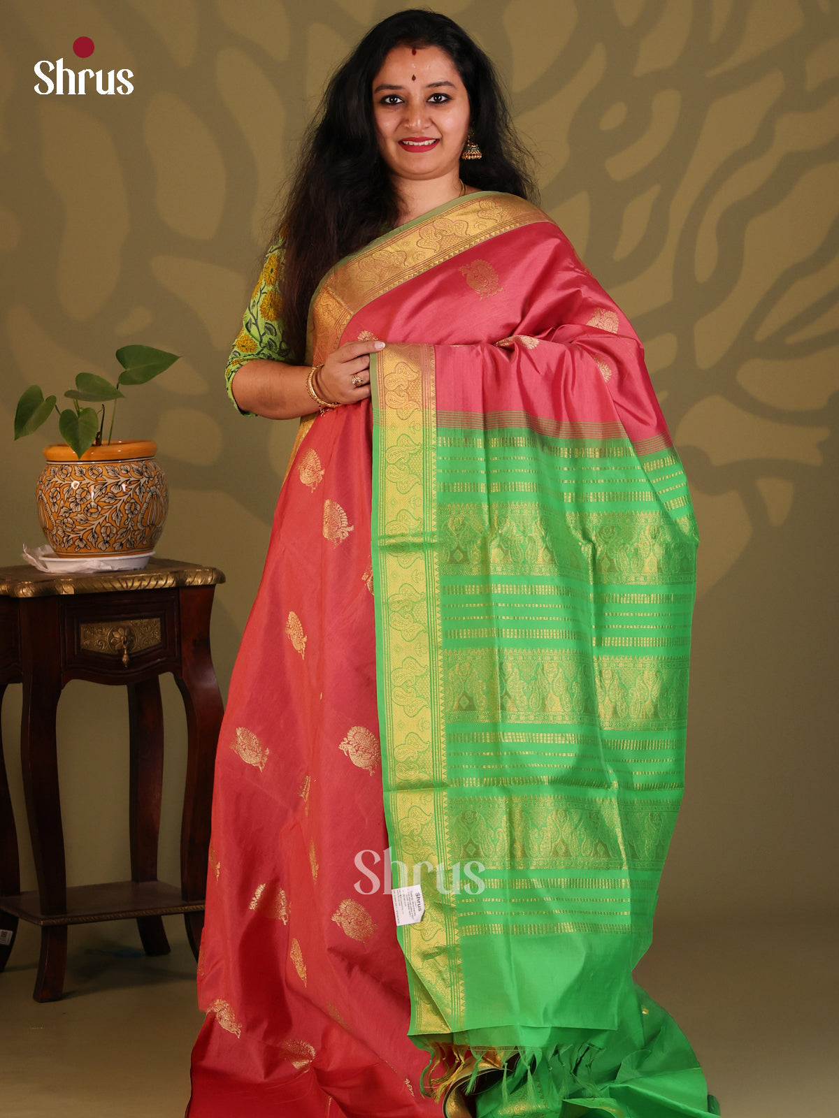 Red with Green - Silkcotton-halfpure Saree - Shop on Shrus.com