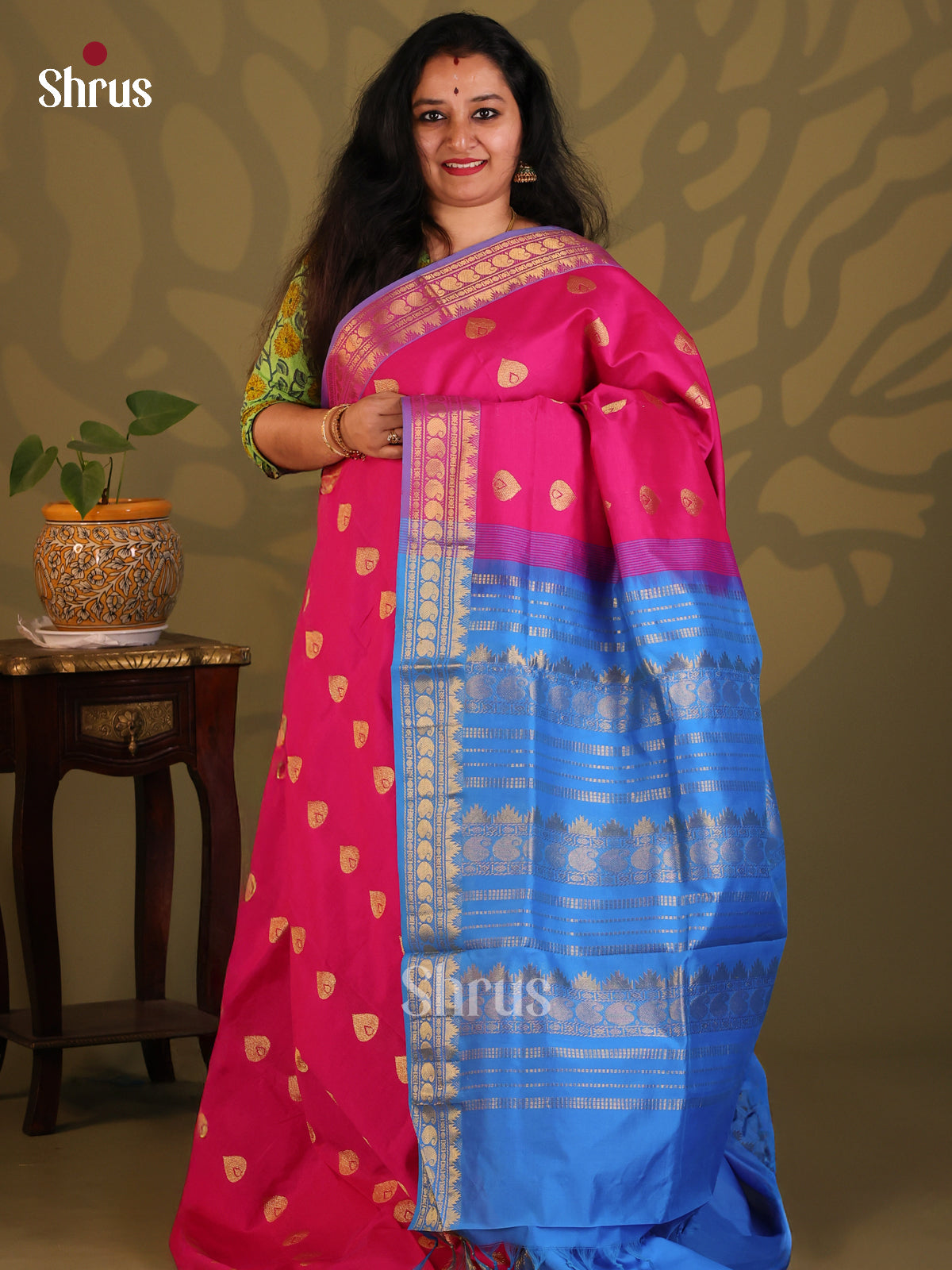 Pink with Blue- Silkcotton-halfpure Saree - Shop on Shrus.com